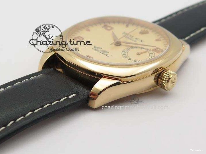 A2824 Cellini Markers Numeral Leather Date RG Rose Black Dial On Gold Strap 0721